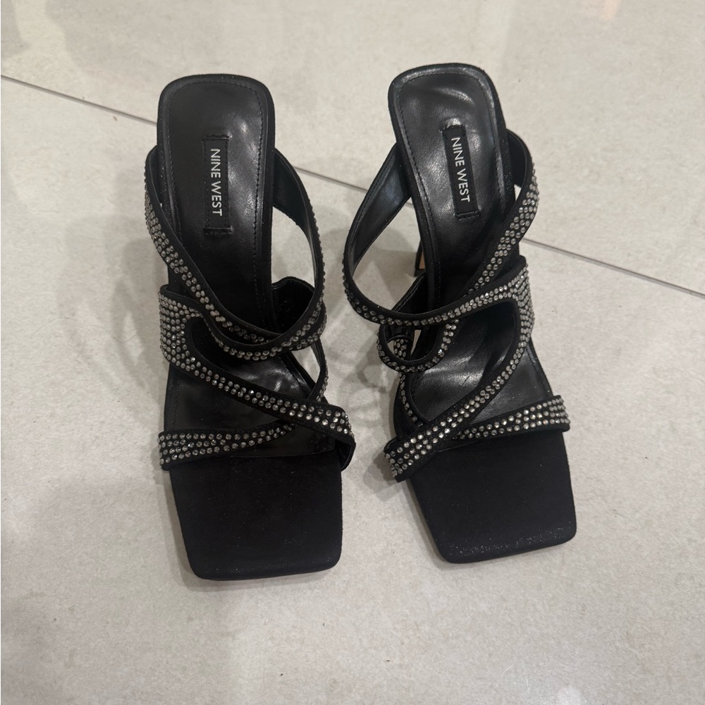 Nine West Black Strappy Heels with Rhinestones